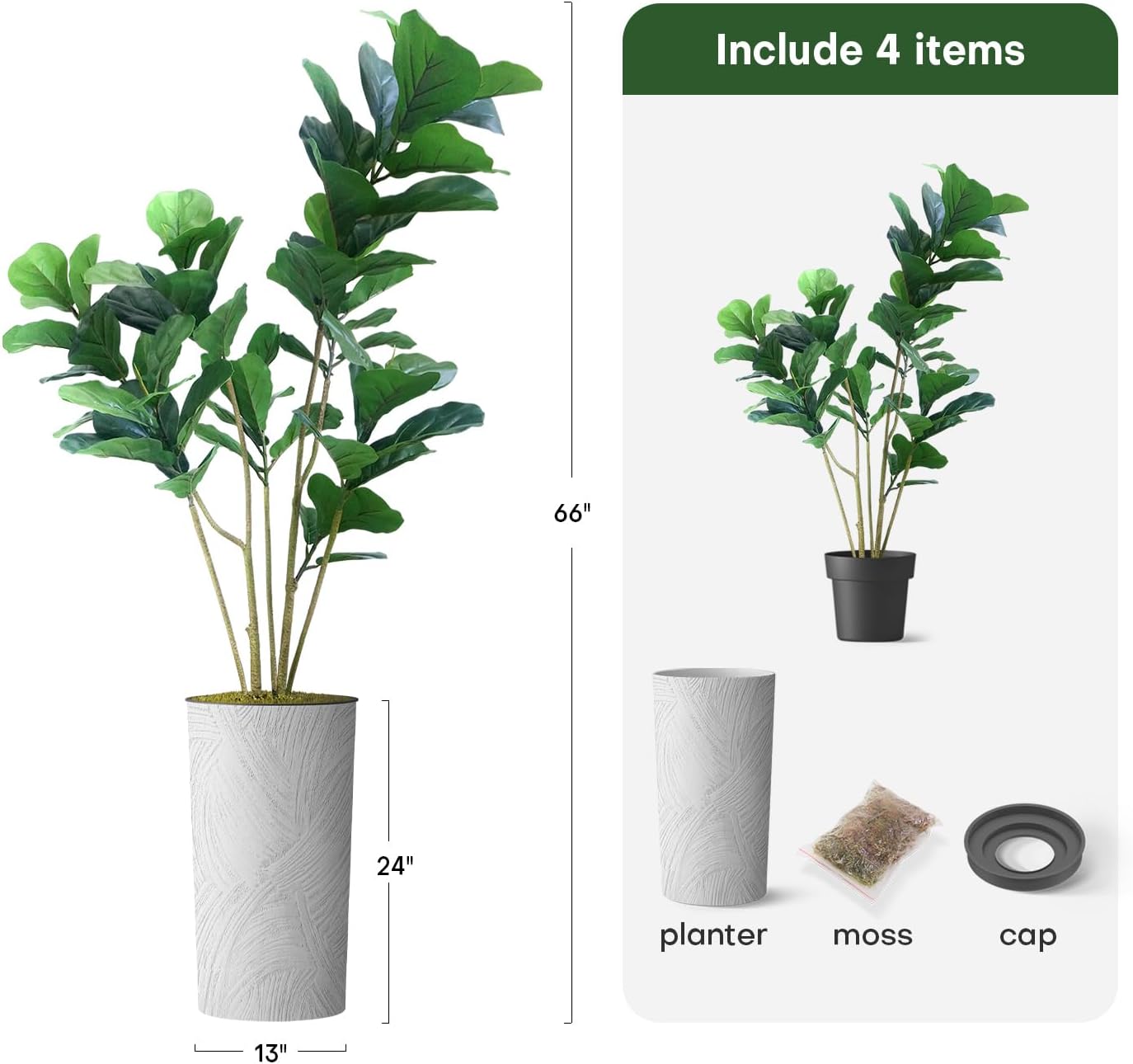 Árbol artificial en macetero con efecto de mármol blanco, Ficus Lyrata falso de seda para decoración del hogar en interiores y exteriores, altura