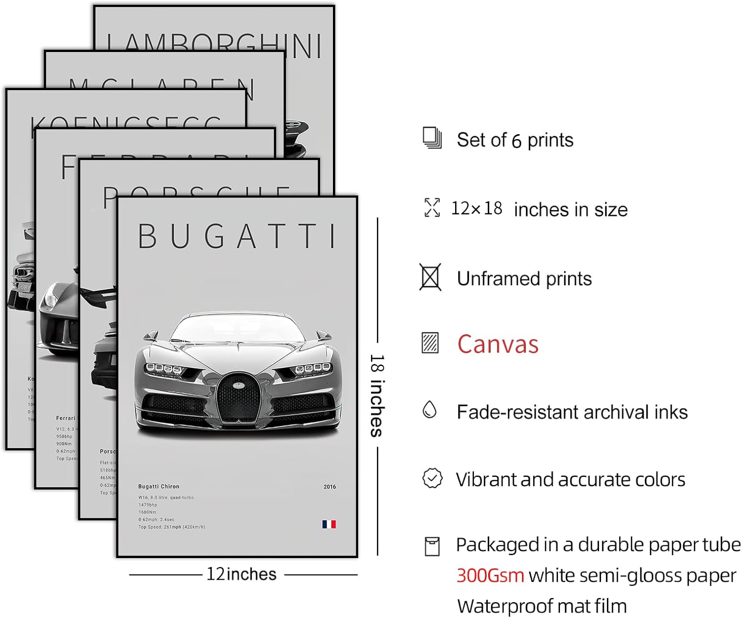 Póster de automóvil en lienzo para pared, juego de impresiones clásicas modernas de superauto, 911 Ferrari Lamborghini McLaren Bugatti Koenigsegg