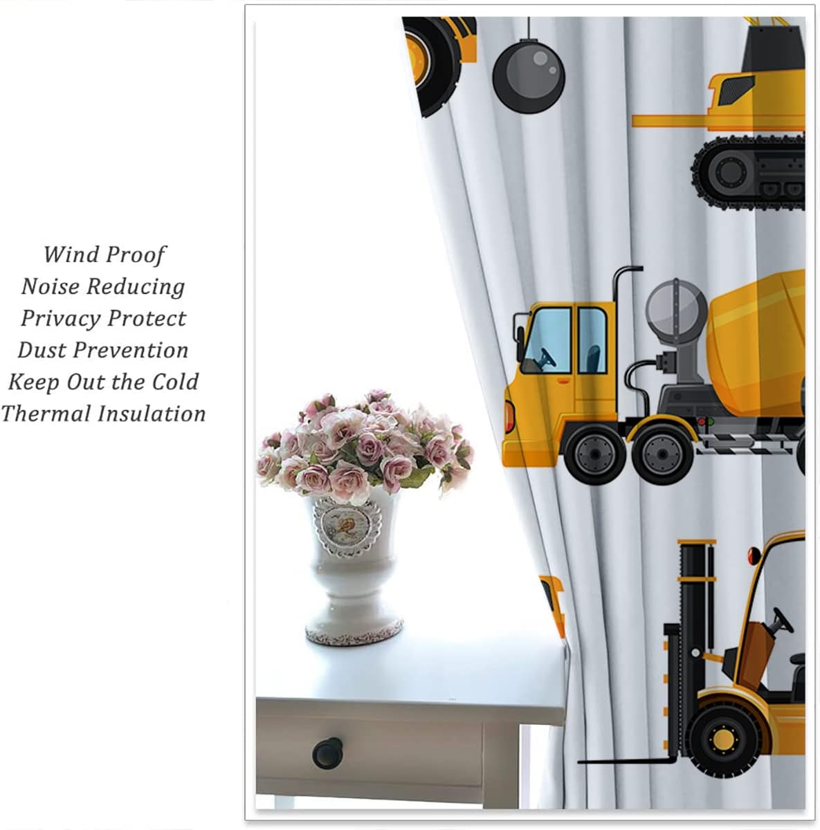 Cortinas opacas de construcción para niños y niñas, decoración de oscurecimiento de habitación, bulldozer de dibujos animados amarillos, tractor,
