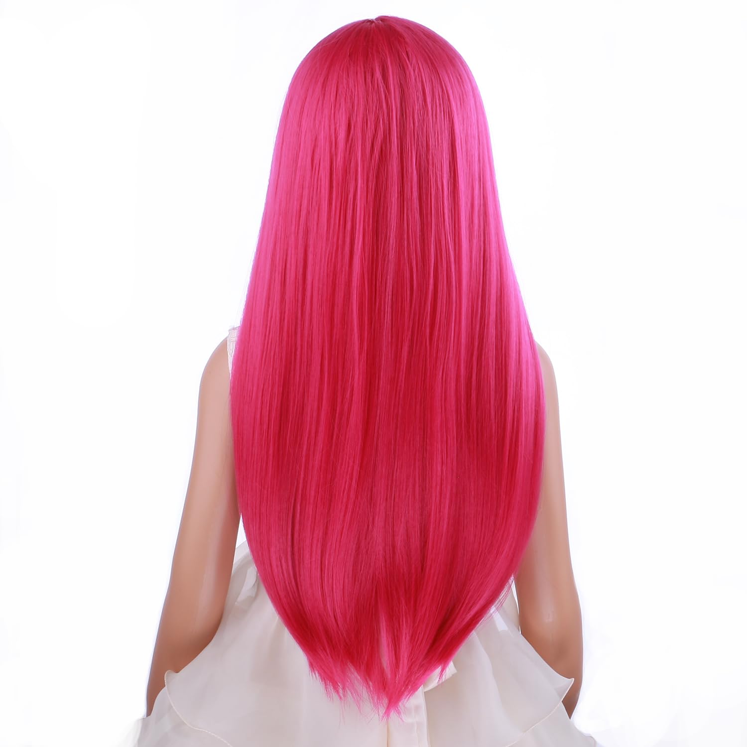 PATTNIUM Peluca larga y recta rosa para niños y niñas, color rosa intenso, peluca magenta rosa neón, peluca sintética larga con parte media y gorra