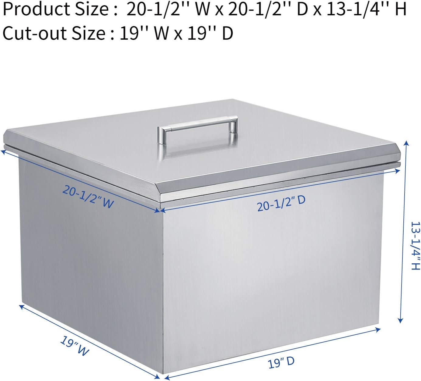 20″ Drop-In Ice Chest 304 Stainless Steel Drop-In Ice Bin Cooler Perfect for Colding Wine Beer Drinks in Your BBQ Island(Drain-Pipe and Plug