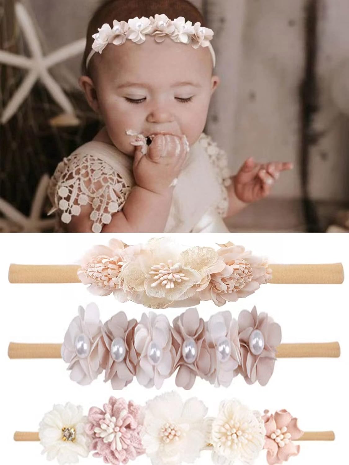 Diademas elásticas con flores para bebé niña, bandas suaves para el pelo para recién nacidas, 3 unidades