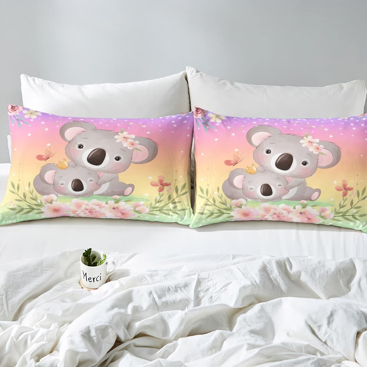 Feelyou Lindo juego de funda de edredón de koala de dibujos animados, juego de ropa de cama para niños y niñas, funda de edredón floral de flores,