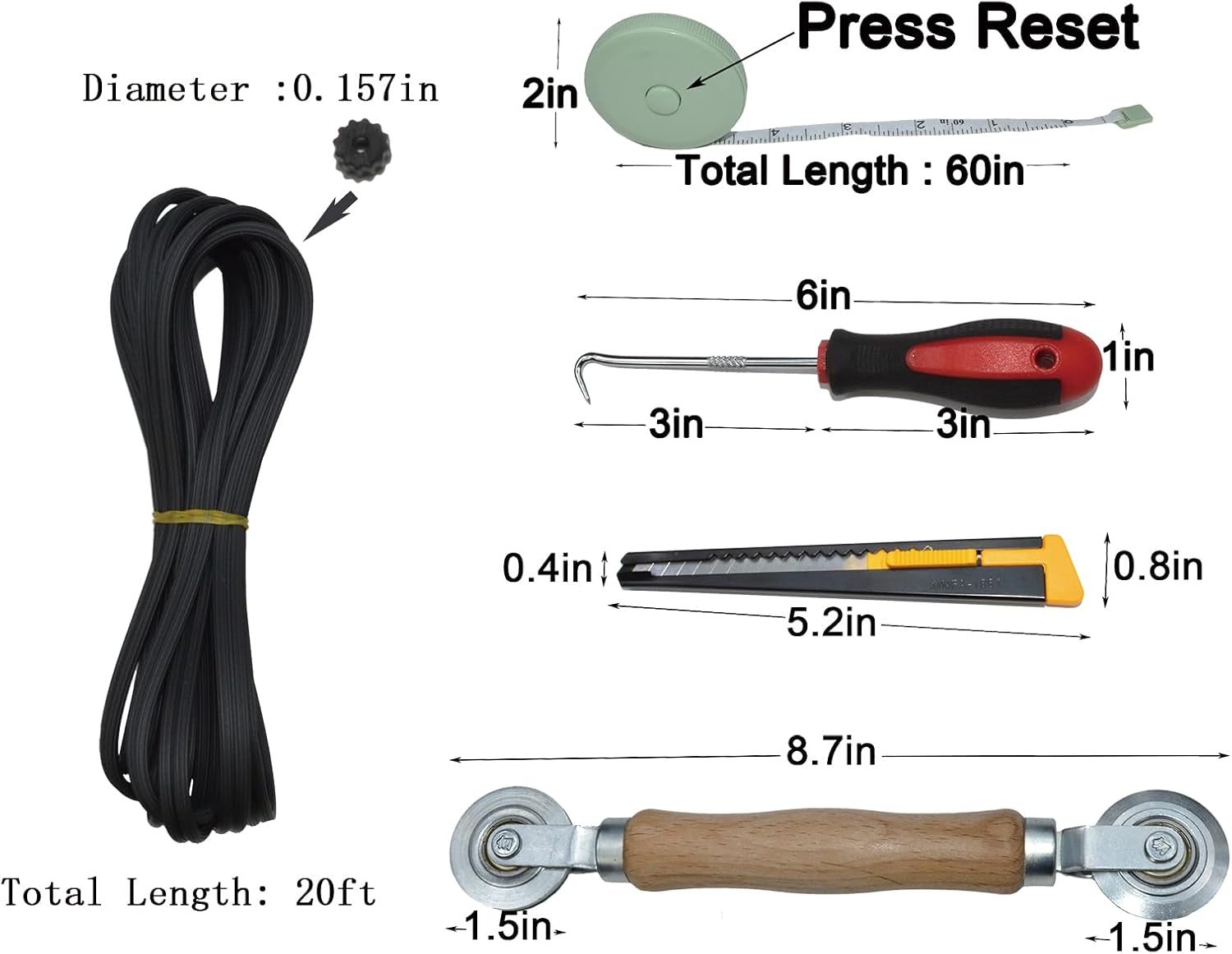 Kit de reparación de malla ajustable de fibra de vidrio negro de 39 x 59 pulgadas con estrías de 20 pies y rodillos de repuesto para patio, porche,