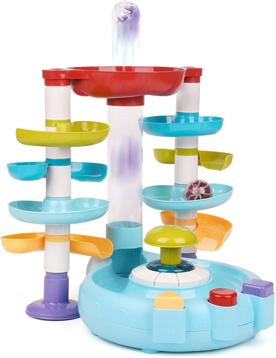 Torre giratoria de bola de 4 capas para bebés y niños pequeños, juguete de bola ocupada con iluminación musical, rampa de carreras de bolas para el