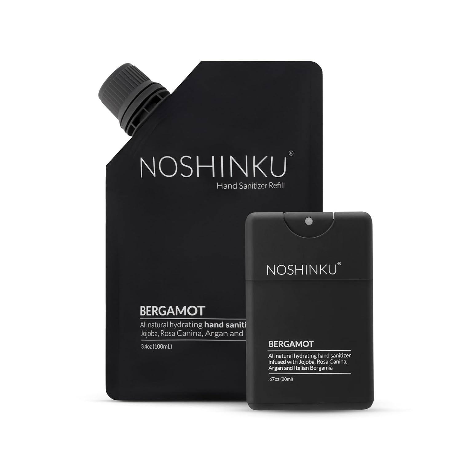 Noshinku Kit de repuesto de desinfectante de manos de bolsillo de bergamota bolsa de repuesto + paquete de rociador  Spray desinfectante