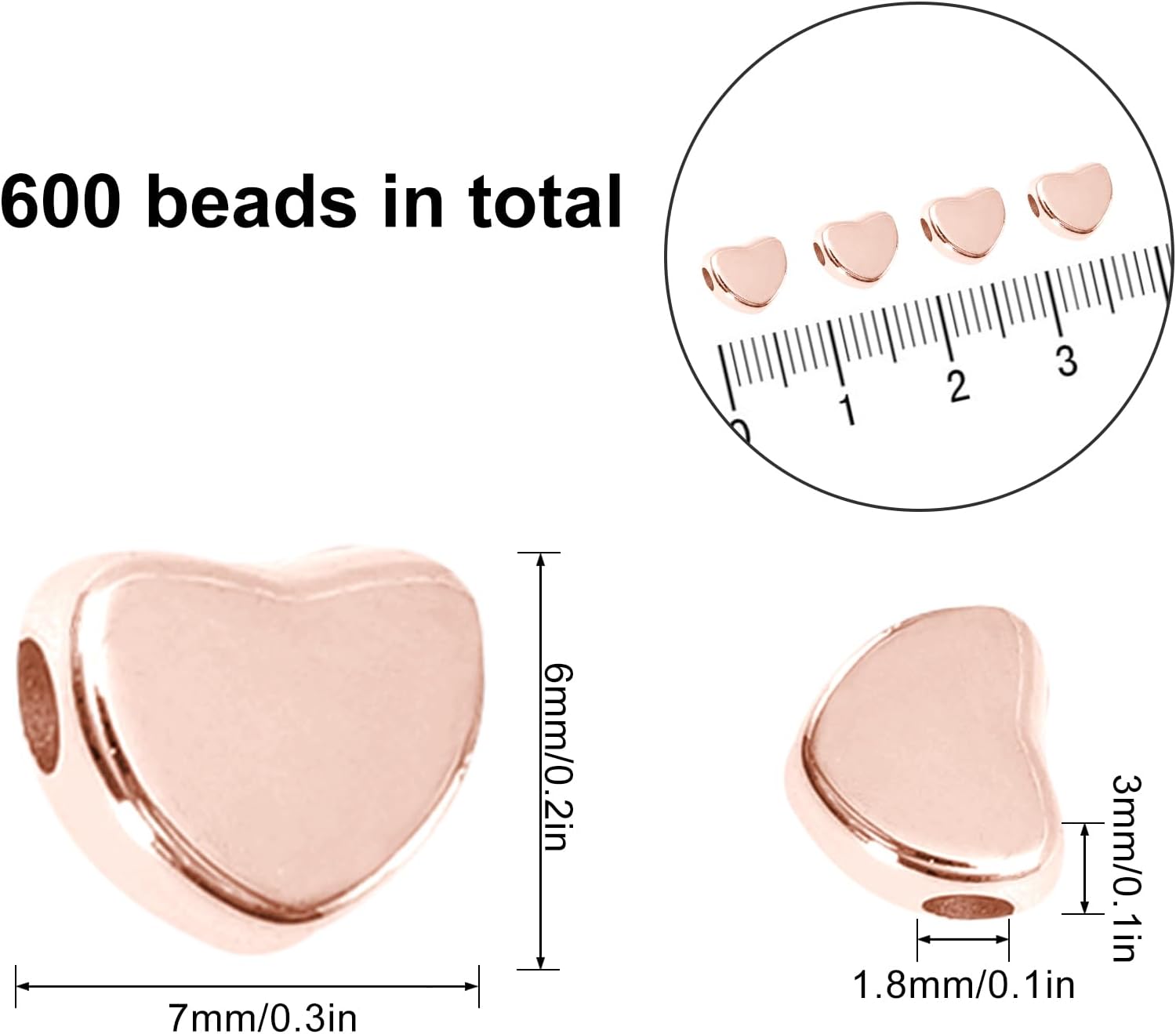 Whaline 600 cuentas de corazón acrílicas de oro rosa con forma de corazón, cuentas espaciadoras para el día de San Valentín con cuerda elástica para