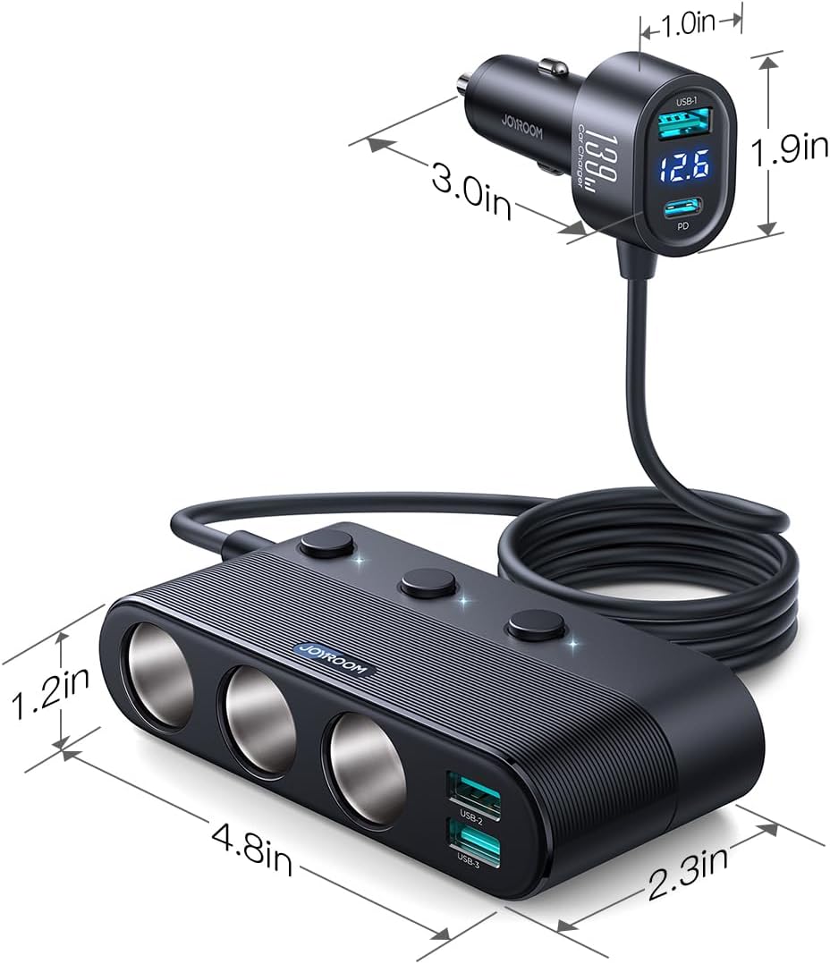 JOYROOM – Divisor de encendedor de cigarrillos 7 en 1, adaptador de cargador de coche de 139 W con carga PD30W (cable de 3.3 pies), adaptador