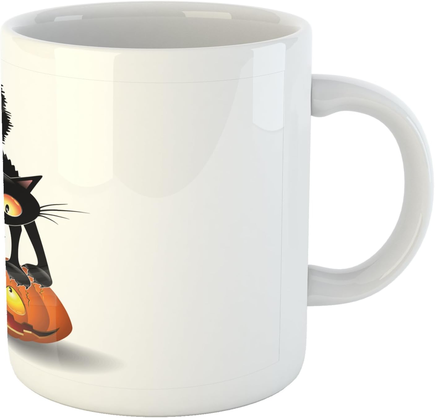Ambesonne Taza de Halloween, diseño de gato negro sobre calabaza, personajes de dibujos animados espeluznantes, arte de humor de Halloween, taza de