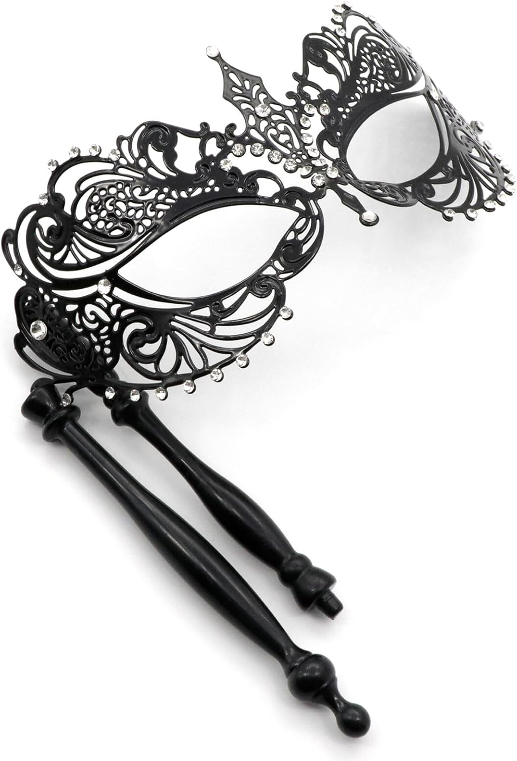 Thmyo Máscara veneciana de fiesta de Mardi Gras de Halloween con palo de sujeción, máscara de mano con plumas de metal y diamantes de imitación