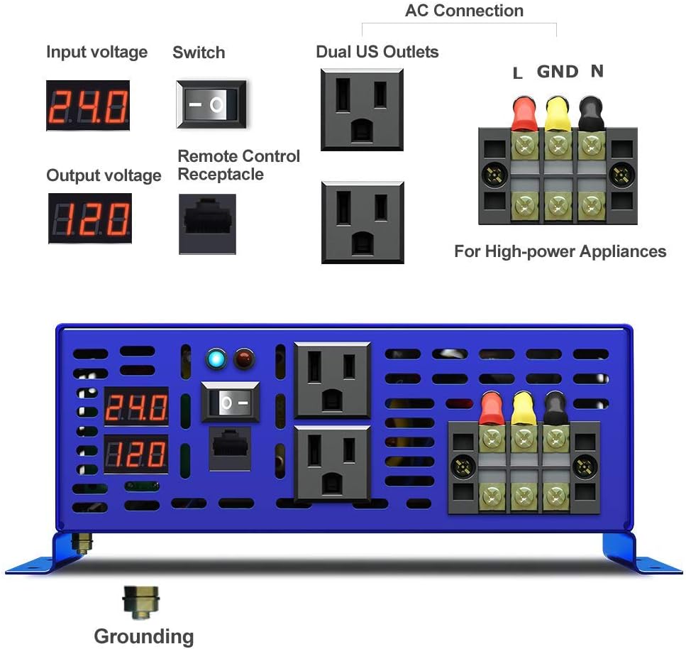 Inversor de corriente de onda sinusoidal pura de 3000 W – 24 V CC a CA 120 V 110 V con controlador de interruptor remoto de cable de 15 pies,