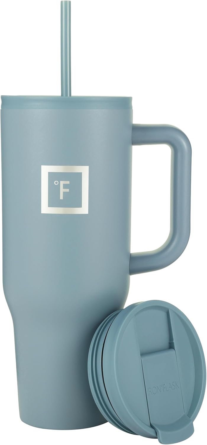 IRON FLASK Co-Pilot – Vaso aislado con popote y tapas abatibles, botella portavasos, para bebidas calientes y frías, a prueba de fugas, agua, taza