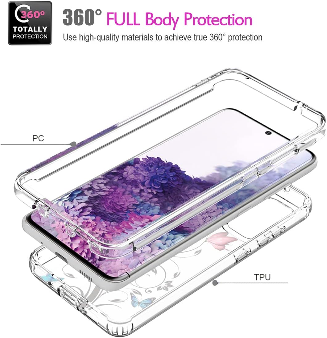 Vavies Funda para Galaxy S20 5G, SM-G981U con protector de pantalla de vidrio templado, cuerpo completo transparente con protección de diseño floral
