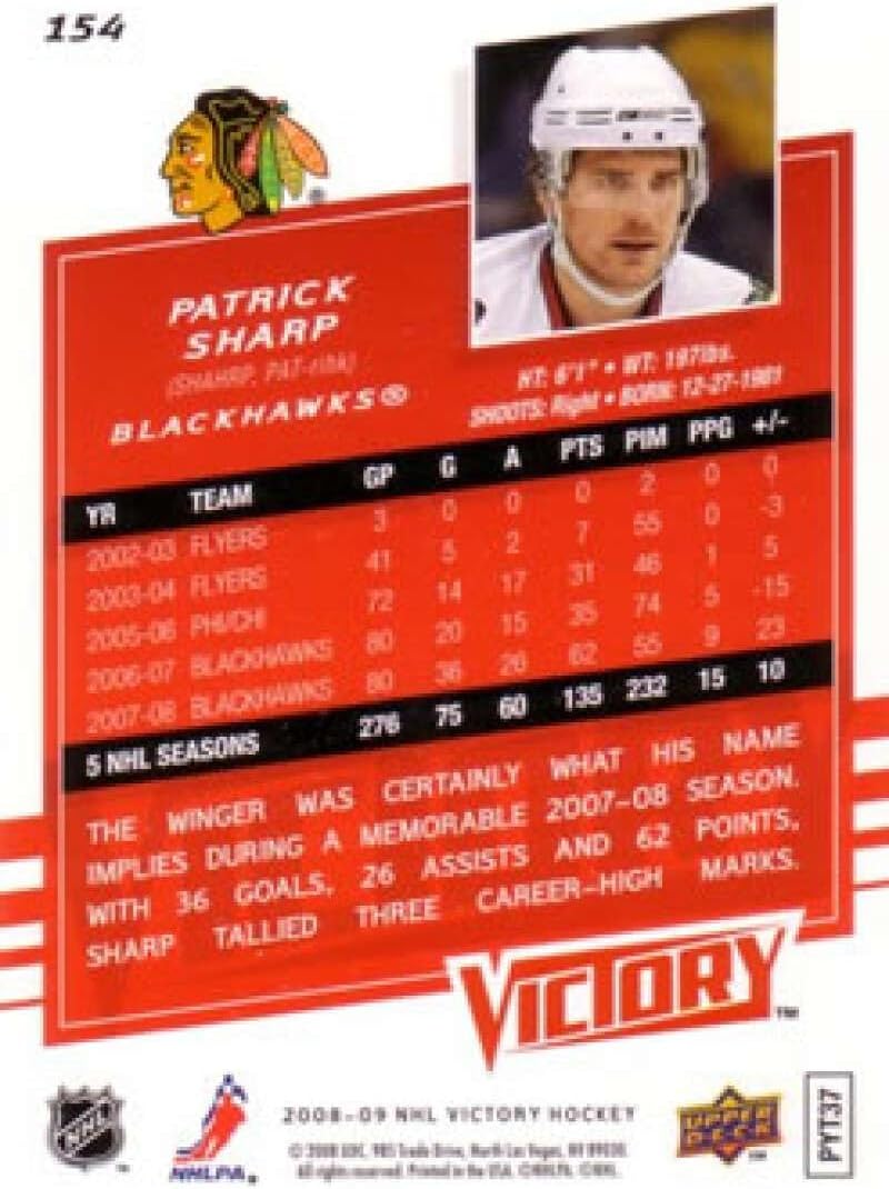 2008-09 Upper Deck Victory Hockey #154 Patrick Sharp Chicago Blackhawks Official NHL Trading Card (Stock Photo Shown, Near Mint or Better Condition)