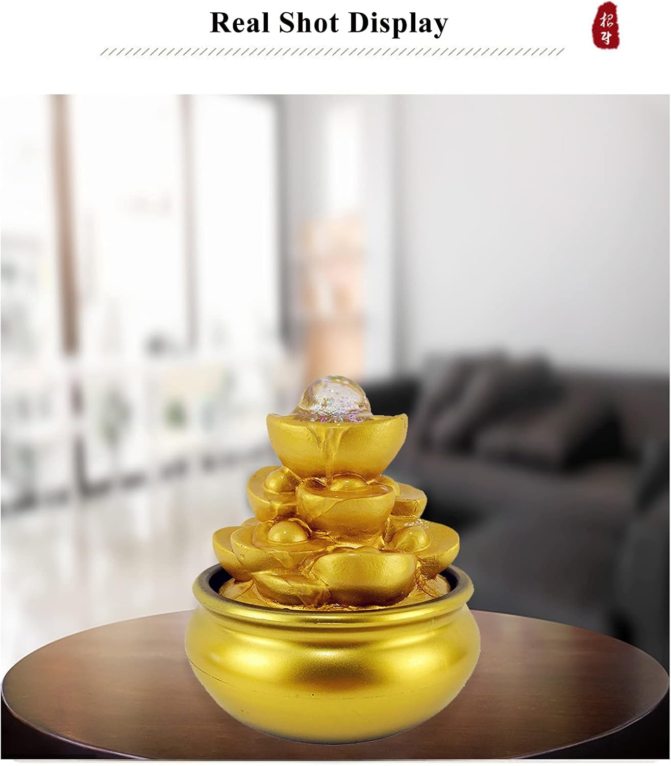 Feng Shui – Fuente de agua de mesa de lingote dorado para interiores, pequeña con luces, cascada para interiores, con bola de cristal rodante y