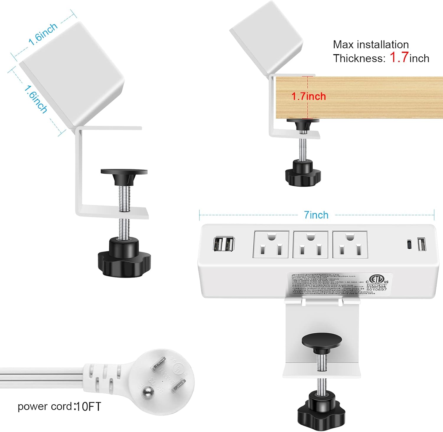 Regleta de alimentación de escritorio blanca de 10 pies con USB, protector de sobretensiones, estación de carga de energía con 3 enchufes, 3 USB A 1
