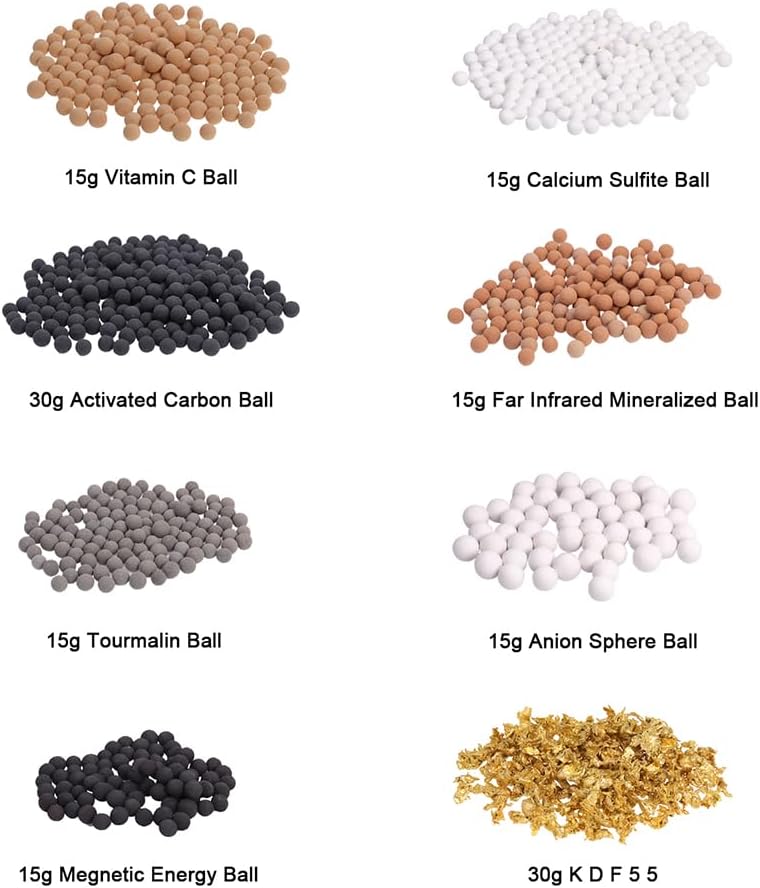DGQ Perlas de filtro de ducha de 5.29 oz de repuesto para cabezal de ducha, bolas de piedra mineral para filtración de agua, incluyendo 8 tipos de