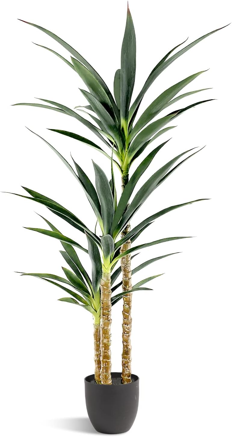 Árbol artificial de agave artificial de 4.7 pies con 3 cabezas en maceta de plástico, árbol falso para decoración del hogar, decoración de oficina