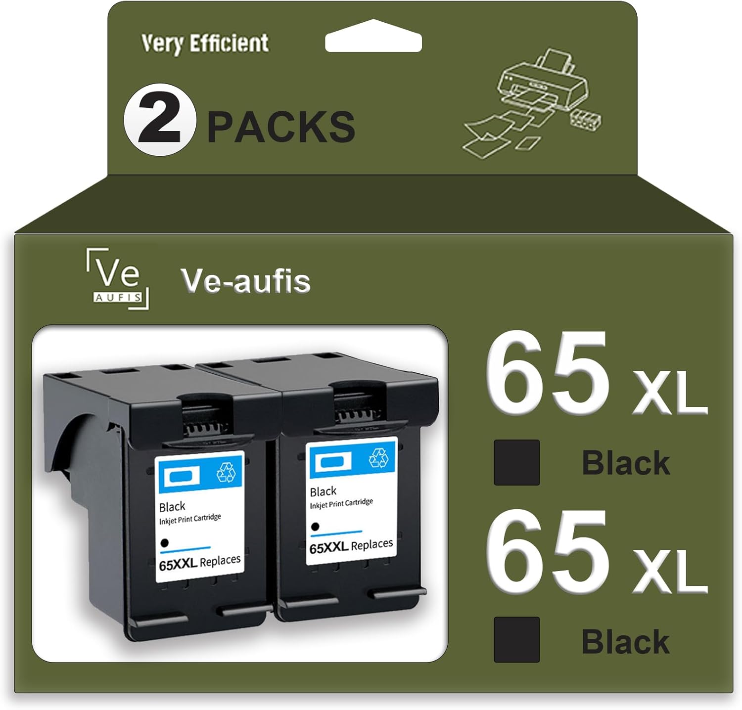 Paquete de 2 cartuchos de tinta HP 65XL color negro, compatible con HP 65XL Envy 5055 5000 5058 5052 5034 5032 5030 5014 5012 DeskJet 3755 3700 2600