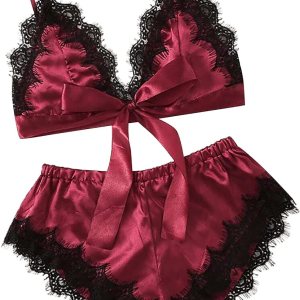 Conjunto de lencería de satén para mujer, 2 piezas, con ribete de encaje, lindo lazo, ropa de dormir exótica para noche romántica Conjunto de lencería de satén para mujer, 2 piezas, con ribete de encaje, lindo lazo, ropa de dormir exótica para noche romántica
