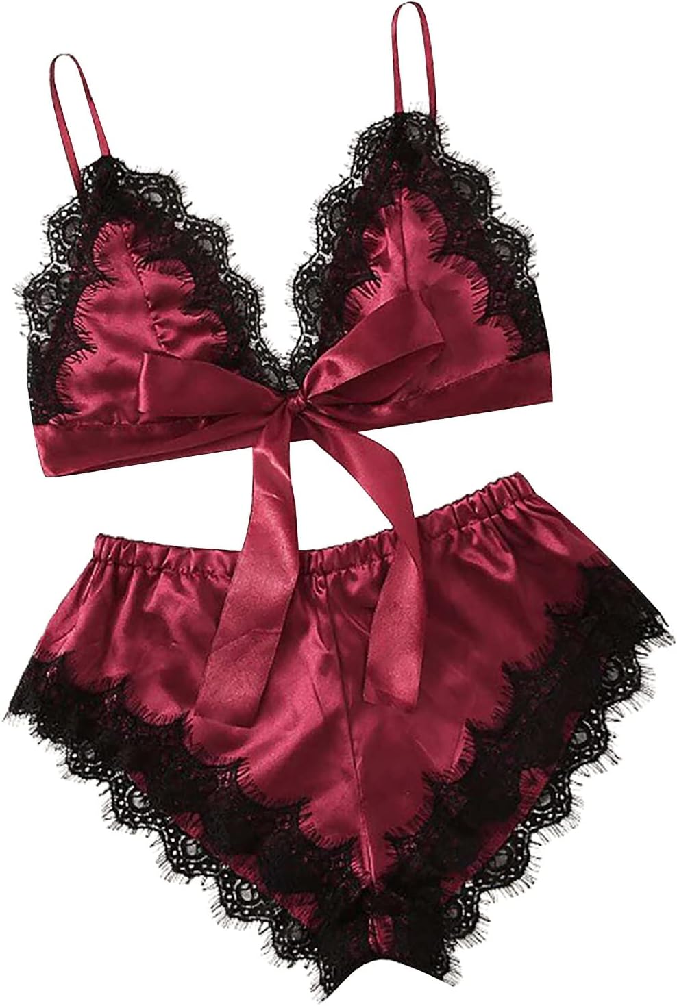 Conjunto de lencería de satén para mujer, 2 piezas, con ribete de encaje, lindo lazo, ropa de dormir exótica para noche romántica
