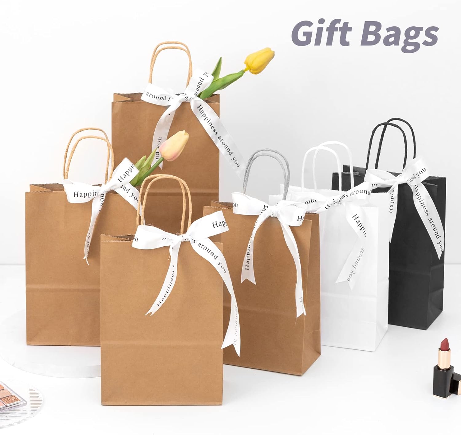COGLARING 100 bolsas de regalo de 6.3 x 3.2 x 8.3 pulgadas, bolsa de papel kraft negro con asas a granel para recuerdos de comestibles al por menor,
