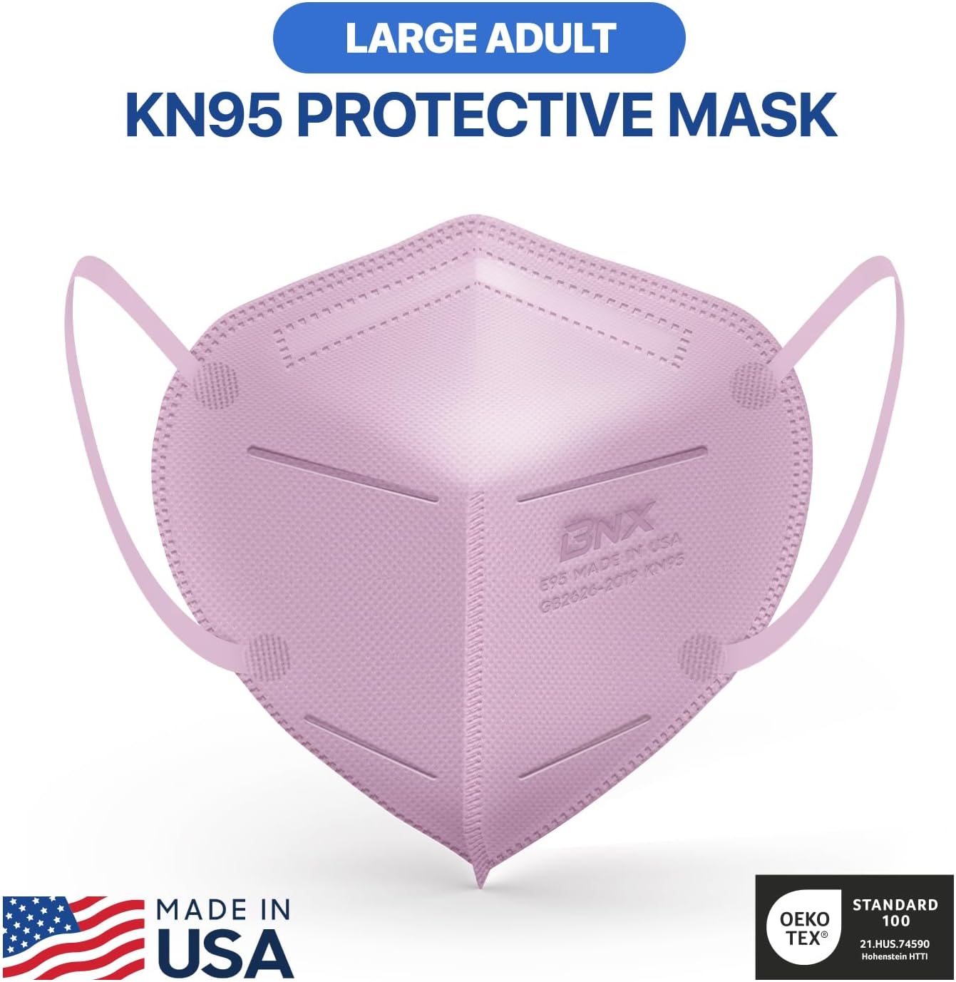 BNX KN95 – Mascarillas faciales fabricadas en Estados Unidos (adulto grande, adulto mediano, niños pequeños) (cinta para las orejas) (modelo