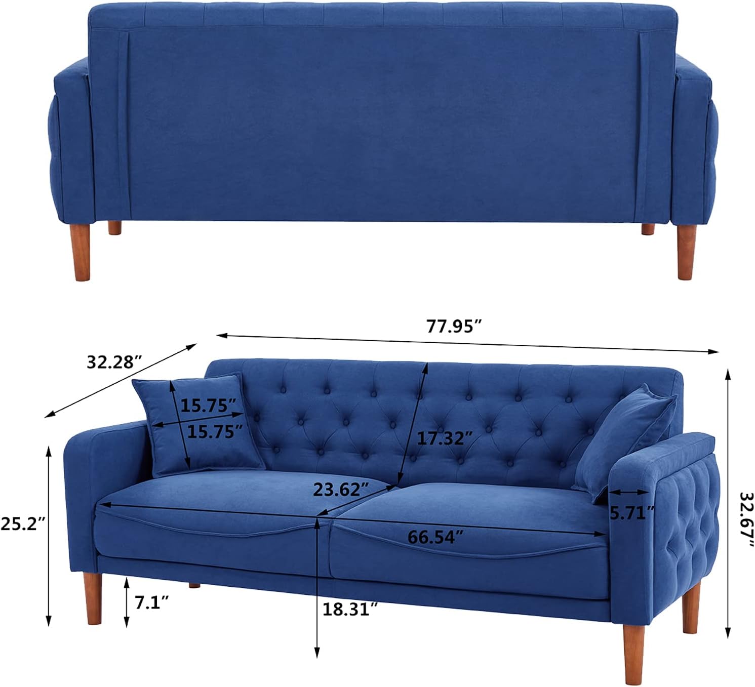 Aoowow Sofás y sofás de tela de lino de 78 pulgadas de largo, sofá moderno de mediados de siglo con 2 almohadas, reposabrazos y patas de madera para
