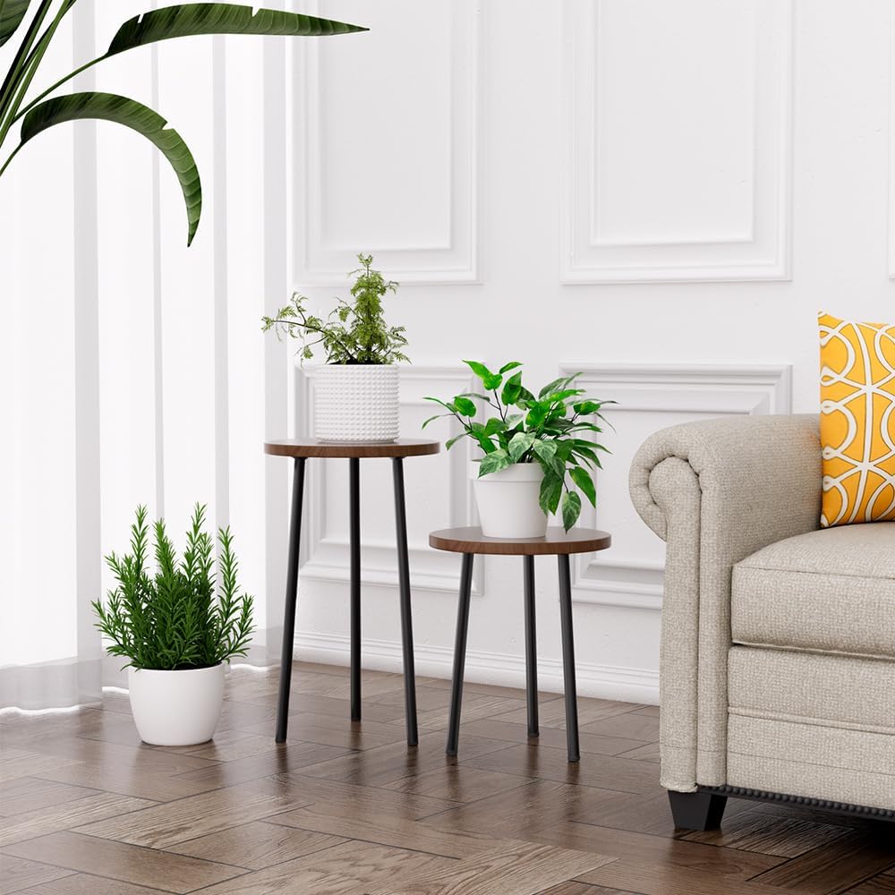 Paquete de 2 soportes para plantas, soporte alto de madera de metal para interiores, mesa auxiliar redonda pequeña junto al sofá, estantes de