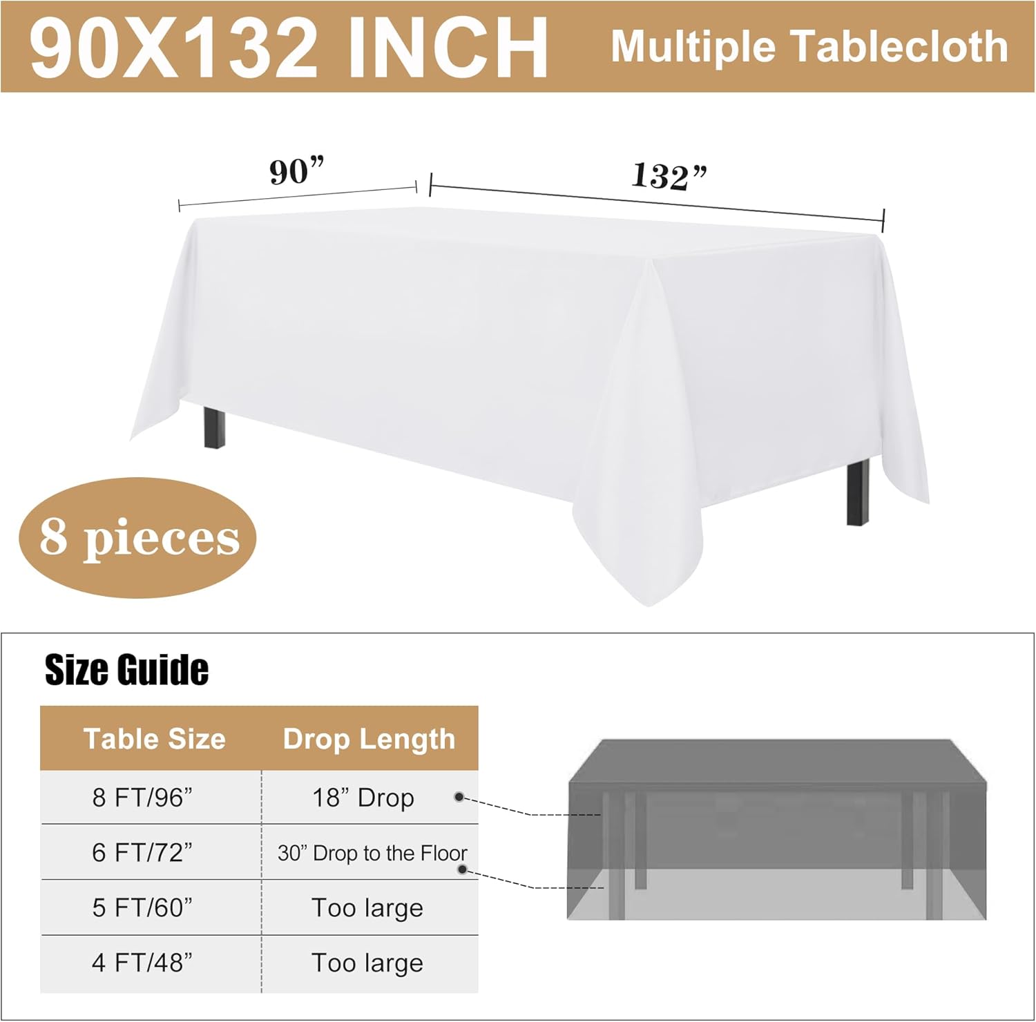 sancua Paquete de 8 manteles rectangulares de poliéster de 90 x 132 pulgadas, resistentes a las manchas y a las arrugas, lavables, para comedor,
