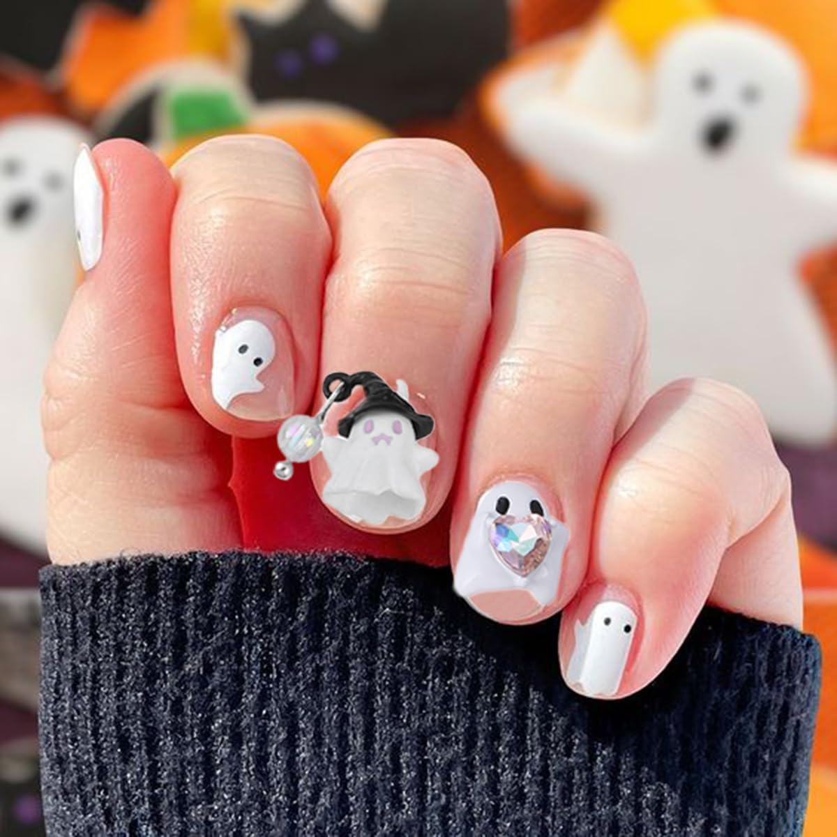 10 dijes de uñas de Halloween, diseño de calavera de fantasma, corazón con gemas de uñas, divertidos diamantes de imitación de uñas de Halloween