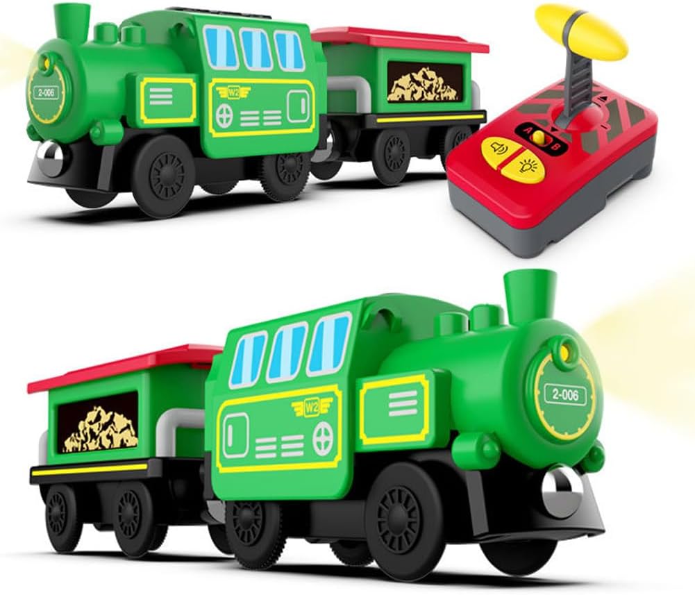 Tren motorizado para pista de madera, tren de locomotora a batería, tren de control remoto para juego de orugas, potentes vehículos de tren de motor