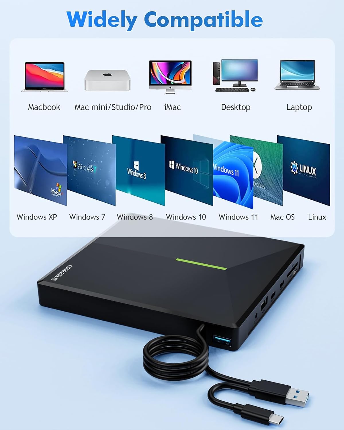 ORIGBELIE Unidad externa de CD y DVD con 4 puertos USB y 2 ranuras para tarjetas TFSD, USB 3.0 portátil CDDVD, reproductor de disco grabador para