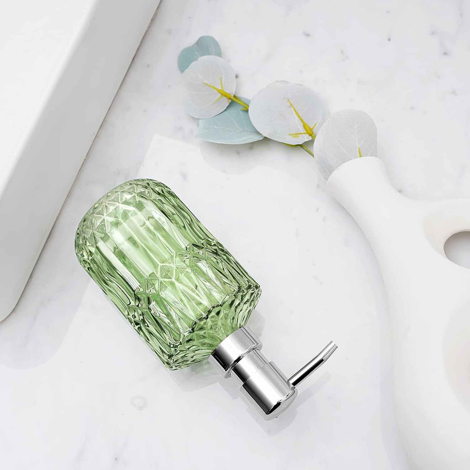 Diamond Design – Dispensador de jabón de vidrio verde de 12 onzas, dispensador de jabón de loción recargable para baño, cocina, jabón de manos,
