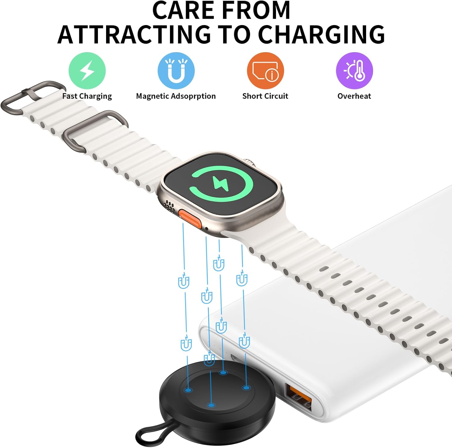 Cargador de Apple Watch, portátil USB C iwatch Ultra 2 Series 9 8 7 6 5 4 3 2 1 SE viaje magnético inalámbrico carga rápida llavero