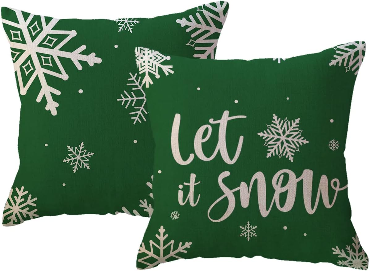 Juego de 2 fundas de almohada decorativas de invierno verde de 18 x 18 pulgadas, decoraciones navideñas de granja, copos de nieveLet It Snow para