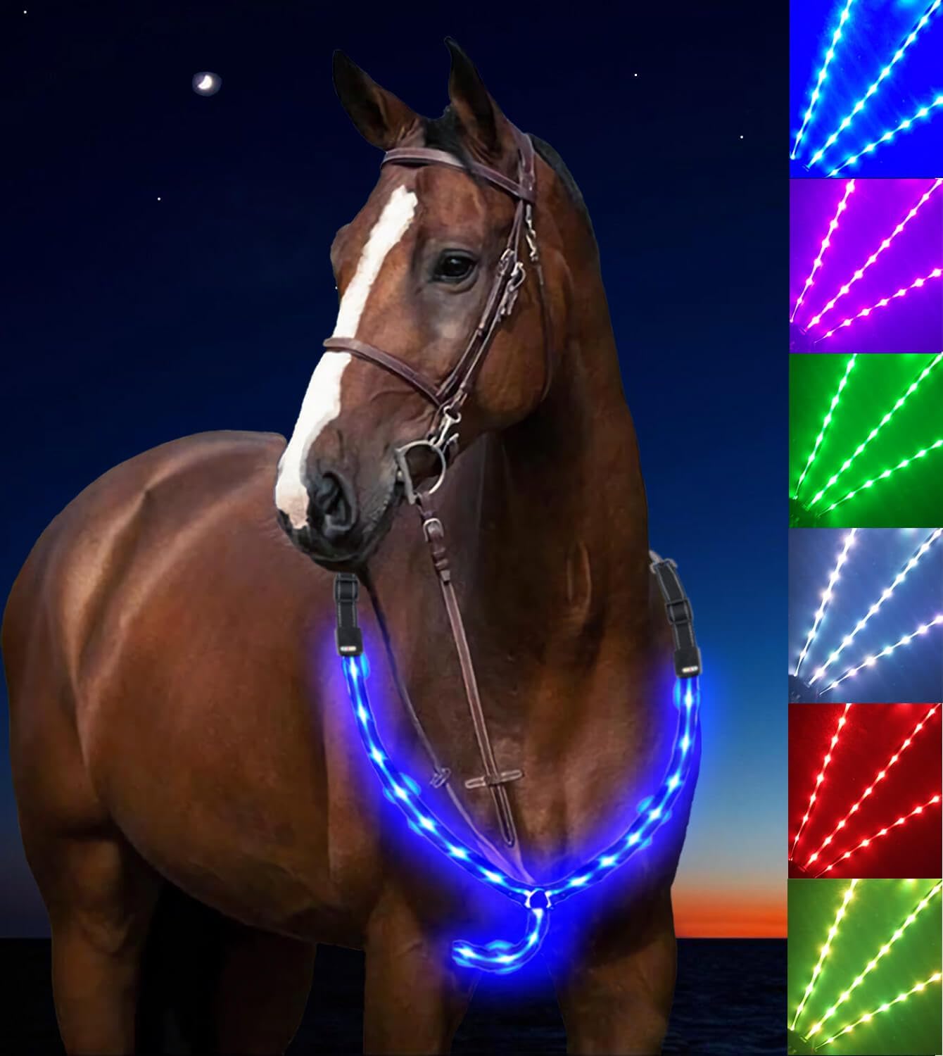 Collar de pectoral de caballo LED, 6 colores en 1 con luz para caballo, arnés LED recargable por USB, visibilidad y seguridad añadida para montar a