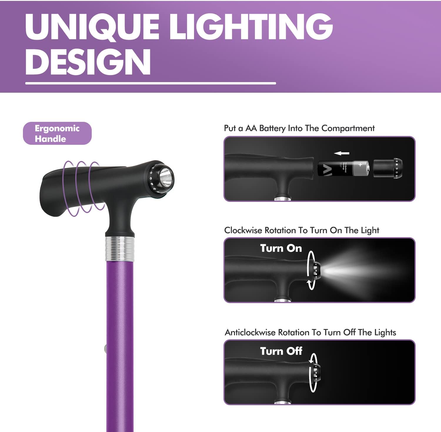 KINGGEAR Walking Cane for Women & Men, Adjustable Lightweight LED Walking Stick with Autonomous Standing, Large Sturdy 360 Swivel Base Crutches Cane