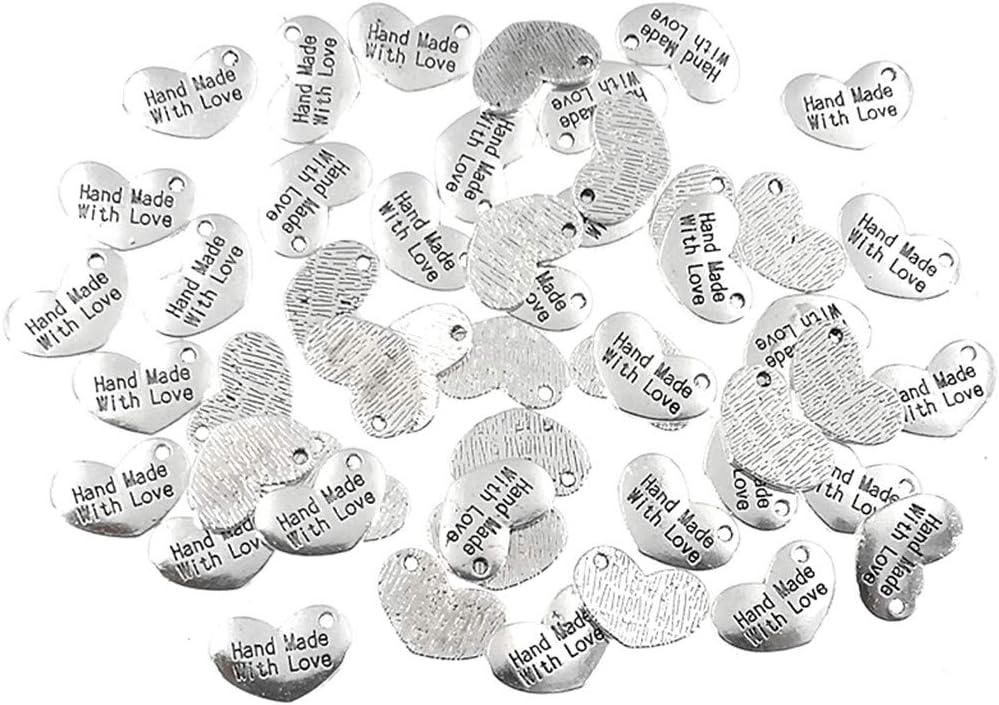 Colgante hecho a mano con dije de amor, en forma de corazón, con mensaje de palabra, para hacer joyas (50 unidades, tono plateado antiguo), Zinc