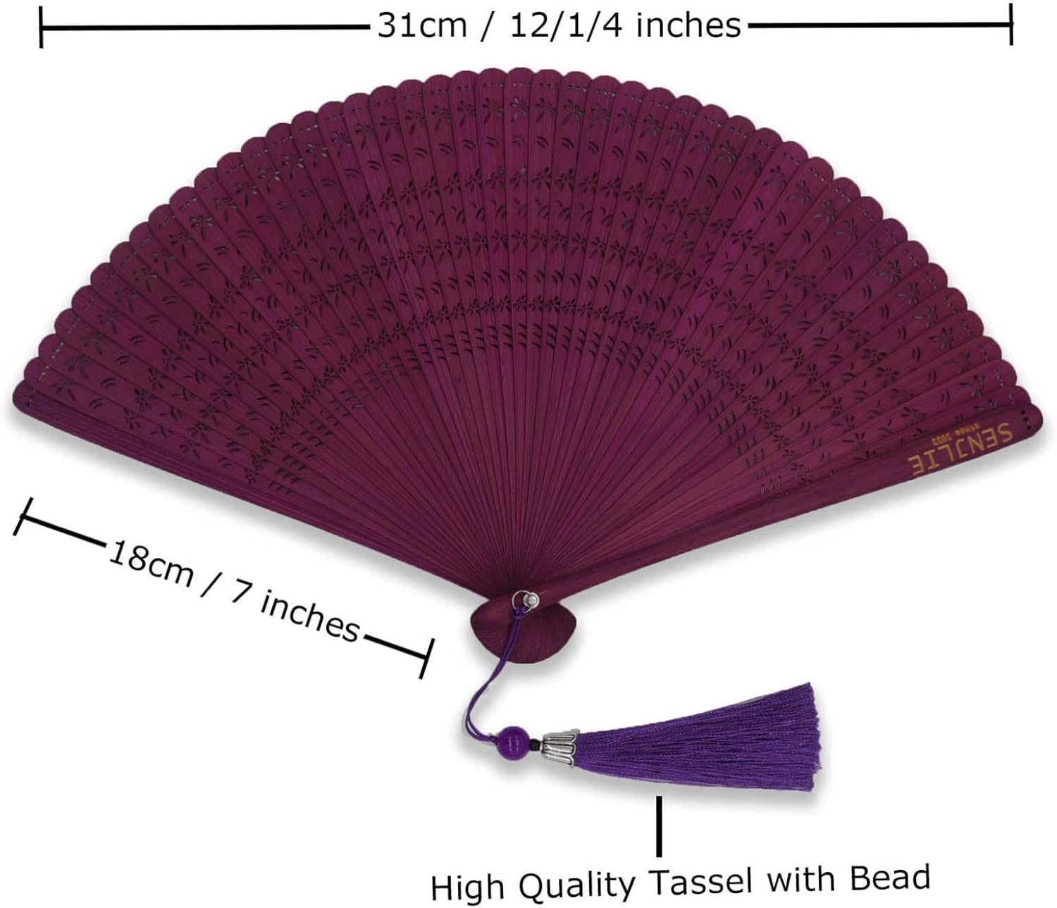 SENJLIE – Abanico plegable de bambú hecho a mano de 7 pulgadas (7.1in) para mujer, ventilador de mano plegable de madera chinajaponesa con bolsa de