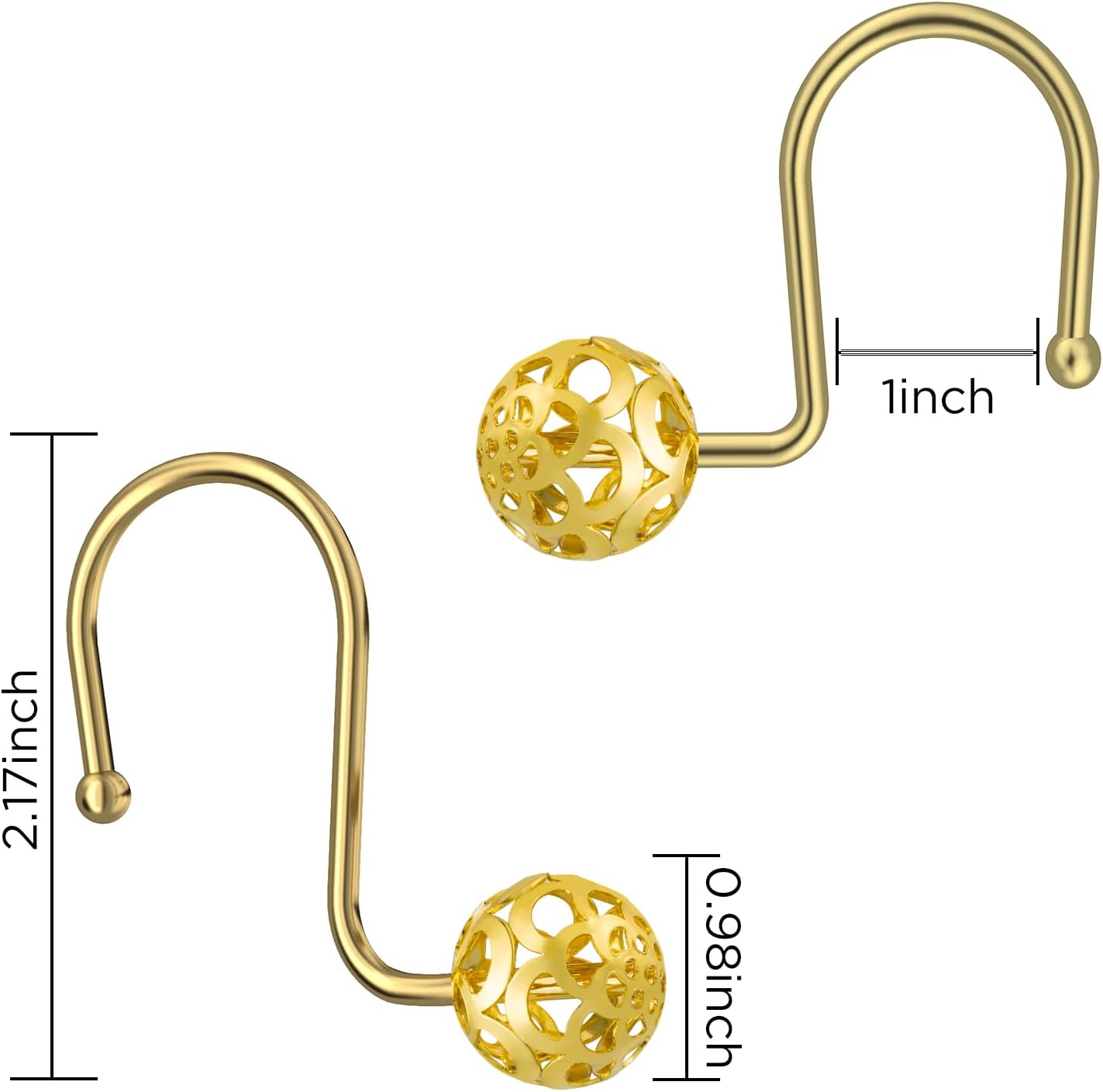 HBlife 12 ganchos dorados para cortina de ducha a prueba de óxido, bola hueca de metal, anillos decorativos para cortina y barra de ducha de baño