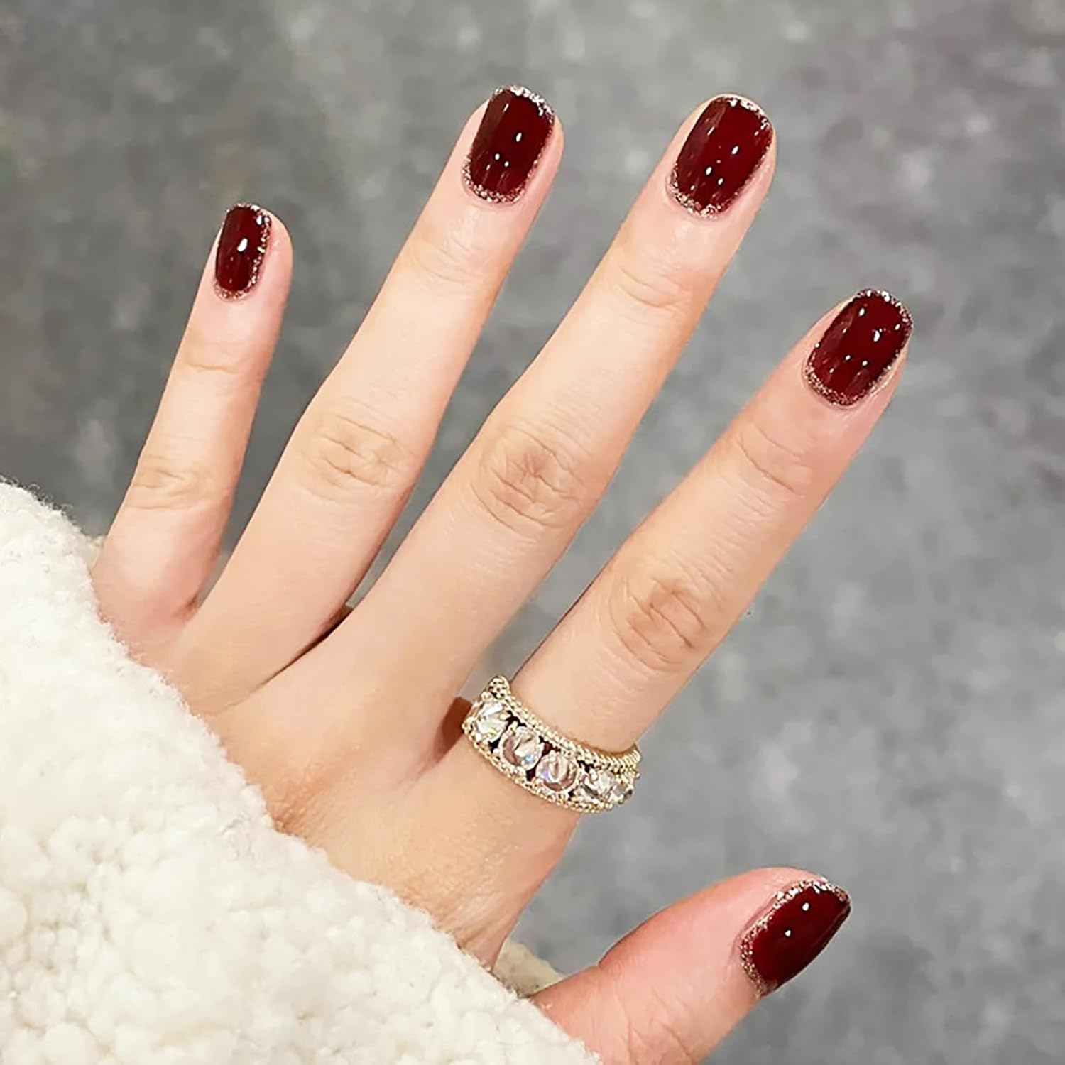 Uñas postizas cortas a presión, uñas postizas cuadradas color rojo vino con purpurina, uñas postizas de otoño e invierno, uñas acrílicas brillantes,