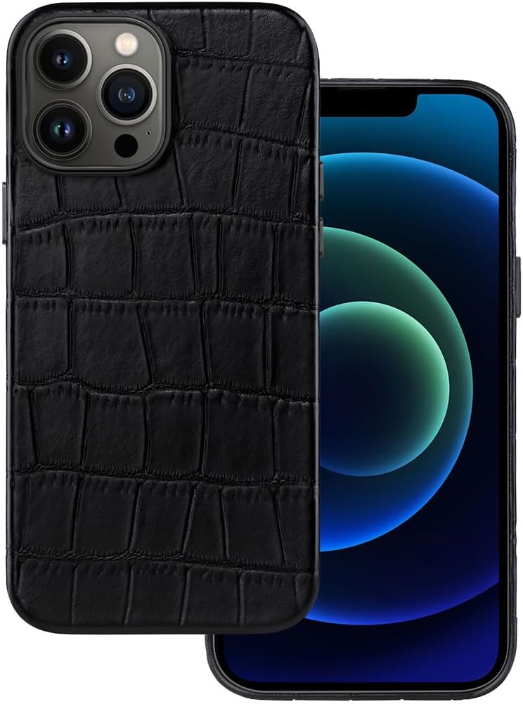 Funda de piel diseñada para iPhone 13 Pro, piel de vaca genuina, patrón de cocodrilo en relieve para iPhone 13 Pro, imanes integrados para carga