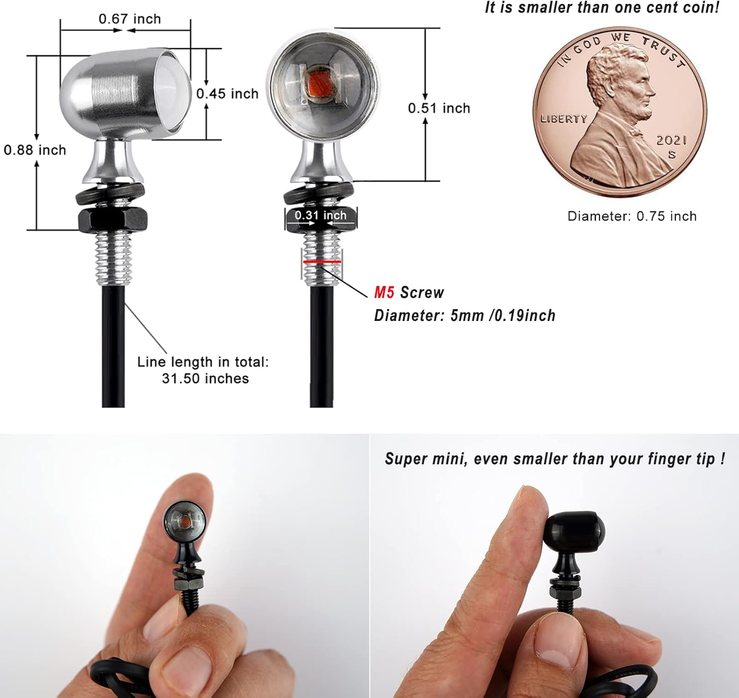 Mini luces LED intermitentes de motocicleta 12V ámbar luces indicadoras M5 Tornillo universal señales de moto Compatible con Harley Honda Kawasaki