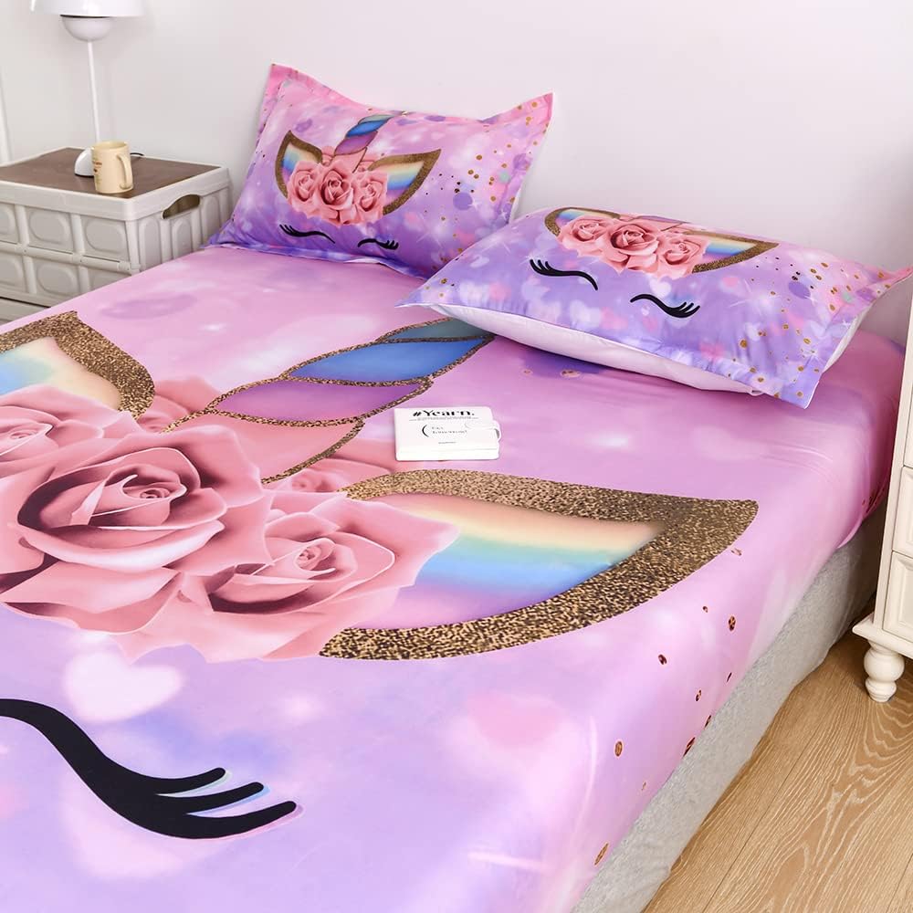 qjmiaofang Juego de sábanas de unicornio tamaño individual, juego de sábanas bajeras de unicornio rosa de 2 piezas para niños y niñas, juego de