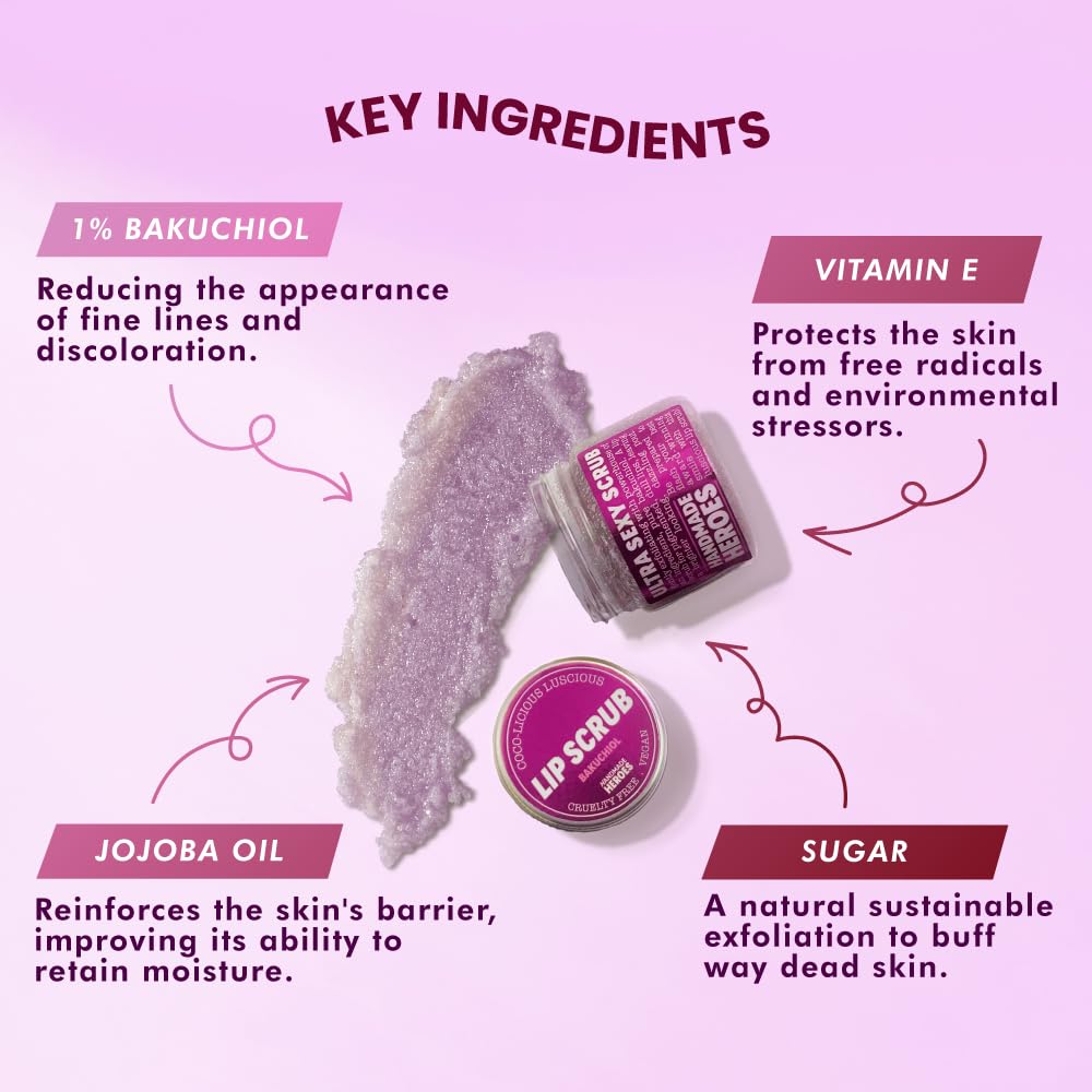 Handmade Heroes Bakuchiol – Exfoliante labial de 1 onza líquida, acondicionador profundo que ayuda a reducir las líneas finas y la apariencia de