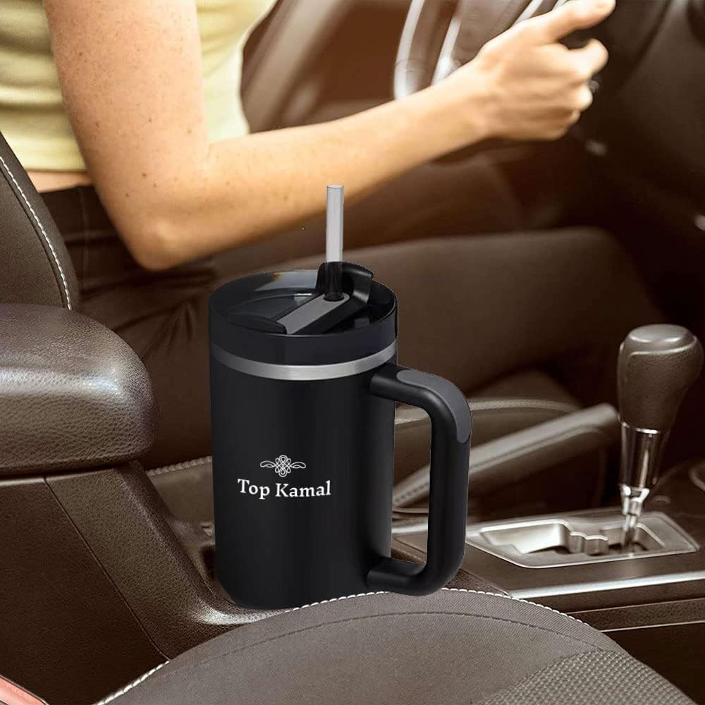 Quencher – Vaso de acero inoxidable de 40 onzas con aislamiento al vacío con tapa y popote para agua, helado, té, café y viaje, mantiene el frío