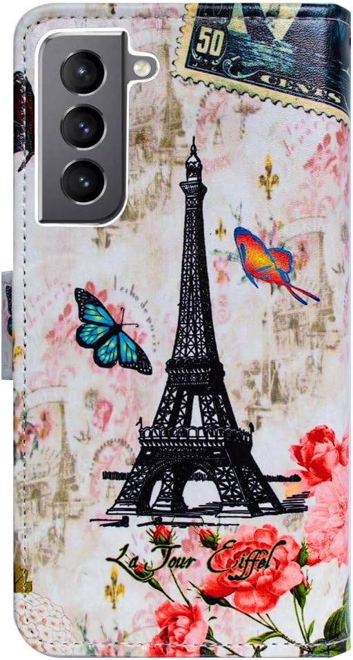 Bcov Funda para Galaxy S22, diseño de mariposa de la torre de París, funda de piel con tapa para teléfono con ranura para tarjetas, soporte para