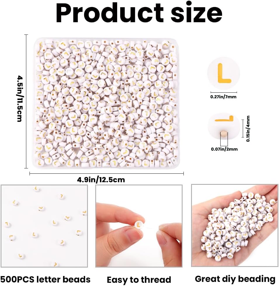 500 cuentas del alfabeto redondas de 0.157 x 0.27 pulgadas (0.157 x 0.276 in), cuentas de letras blancas doradas para pulseras, fabricación de