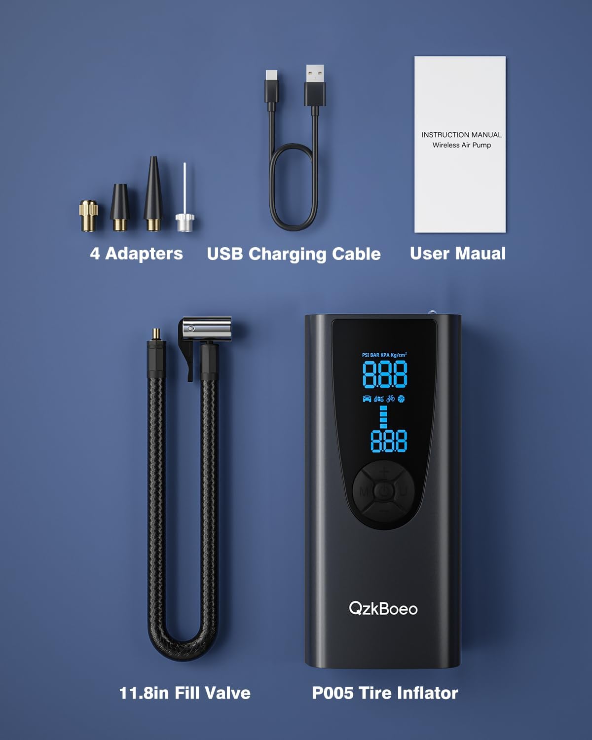 Compresor de aire portátil para inflador de neumáticos, bomba de aire QzkBoeo para neumáticos de automóvil con medidor de presión de neumáticos (150